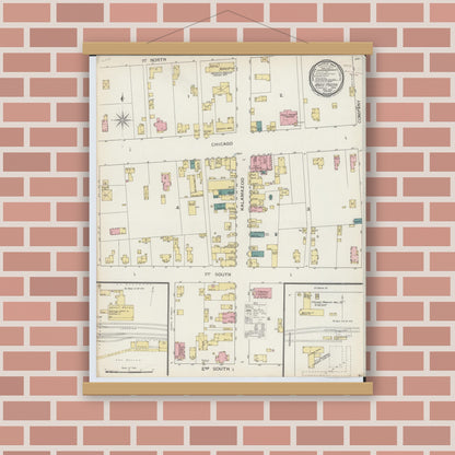 Old map wall art mockup — magnetic wood frame on brick wall — Sanborn Fire Insurance Map from White Pigeon, Saint Joseph County, Michigan (1893), Sheet #0001