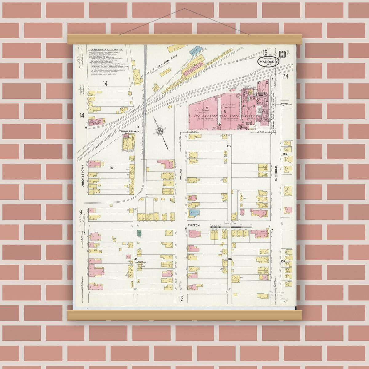 Old map wall art mockup — magnetic wood frame on brick wall — Sanborn Fire Insurance Map from Hanover, York County, Pennsylvania (1909), Sheet #0013
