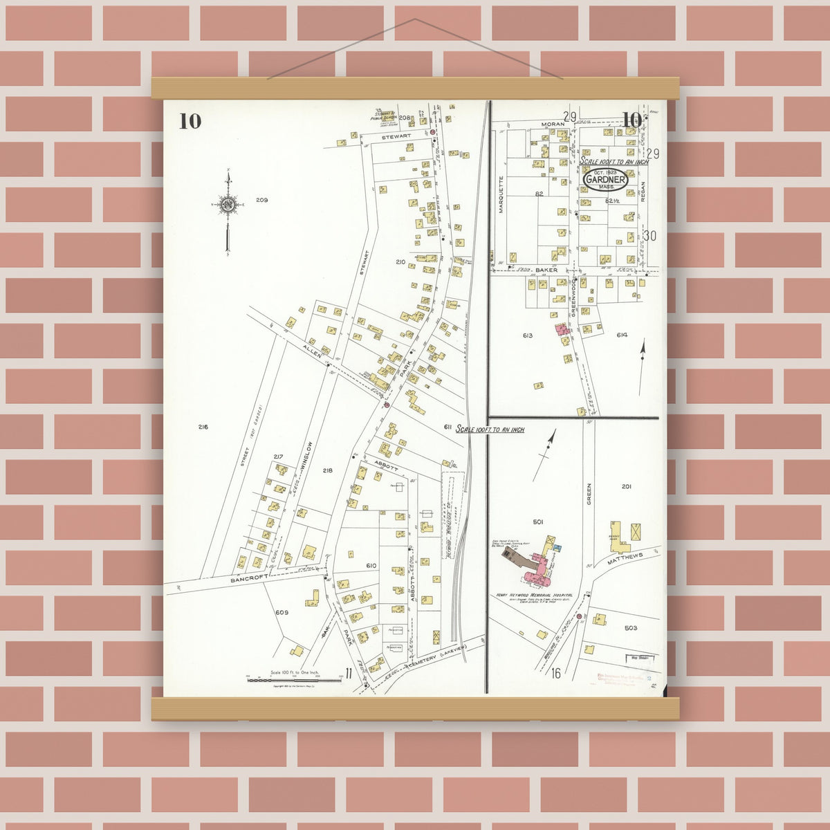 Old map wall art mockup — magnetic wood frame on brick wall — Sanborn Fire Insurance Map from Gardner, Worcester County, Massachusetts (1923), Sheet #0010