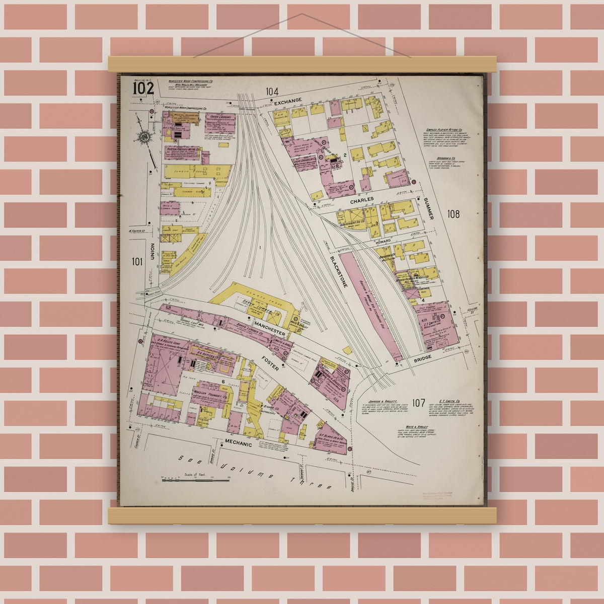 Old map wall art mockup — magnetic wood frame on brick wall — Sanborn Fire Insurance Map from Worcester, Worcester County, Massachusetts (1910), Sheet #0102