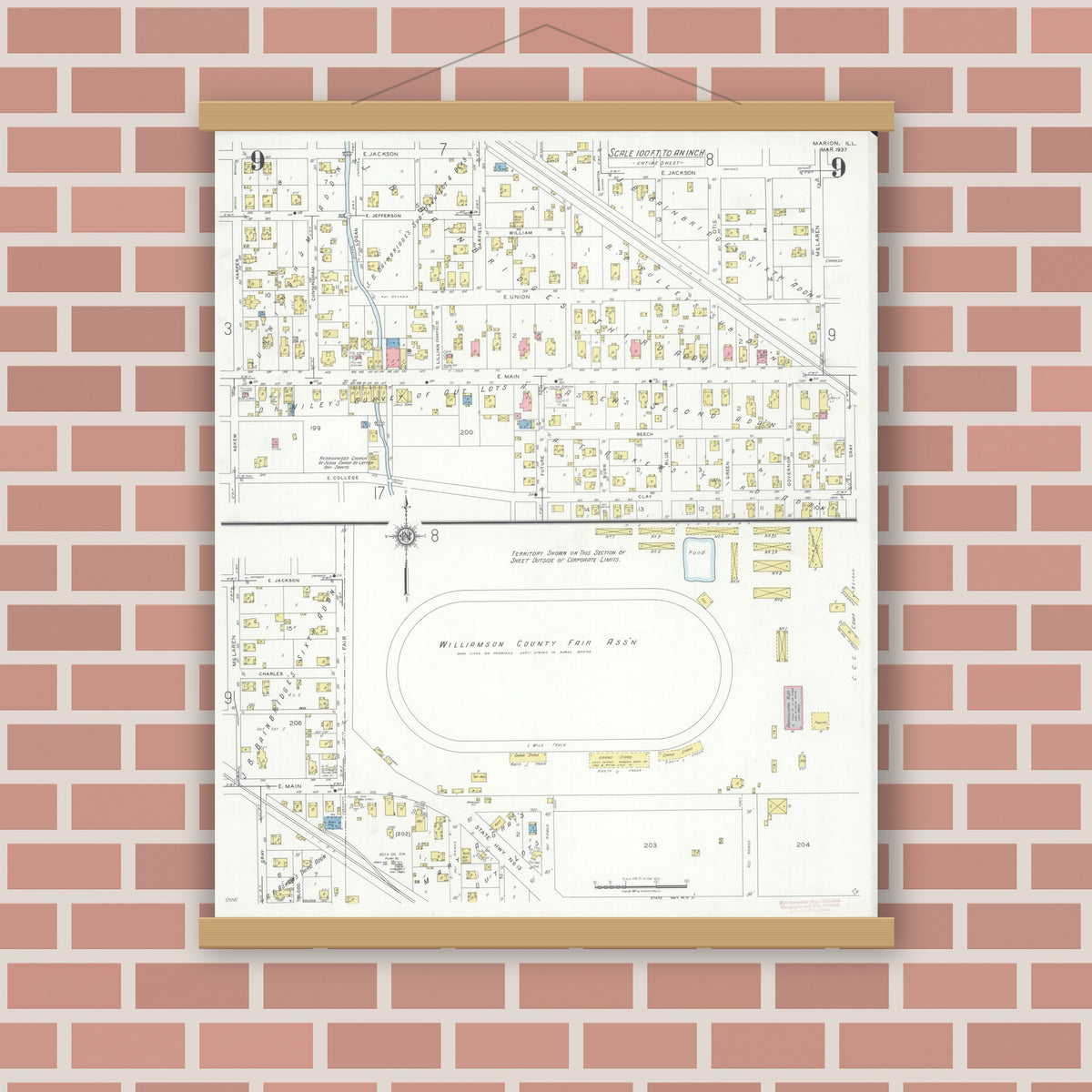 Old map wall art mockup — magnetic wood frame on brick wall — Sanborn Fire Insurance Map from Marion, Williamson County, Illinois (1937), Sheet #0009