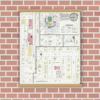 Old map wall art mockup — magnetic wood frame on brick wall — Sanborn Fire Insurance Map from Gibson City, Ford County, Illinois (1910), Sheet #0001