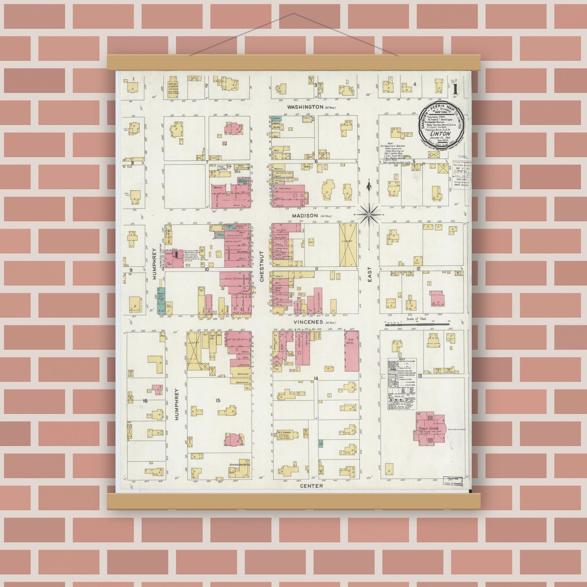 Old map wall art mockup — magnetic wood frame on brick wall — Sanborn Fire Insurance Map from Linton, Greene County, Indiana (1900) - Complete Map Set