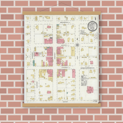 Old map wall art mockup — magnetic wood frame on brick wall — Sanborn Fire Insurance Map from Linton, Greene County, Indiana (1900) - Complete Map Set