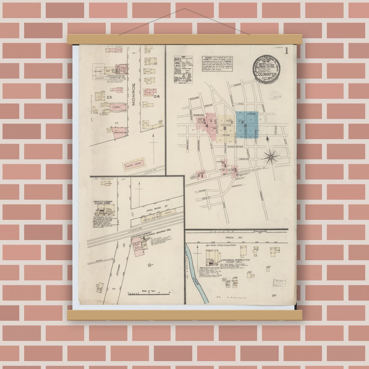 Old map wall art mockup — magnetic wood frame on brick wall — Sanborn Fire Insurance Map from Coldwater, Branch County, Michigan (1884) - Complete Map Set