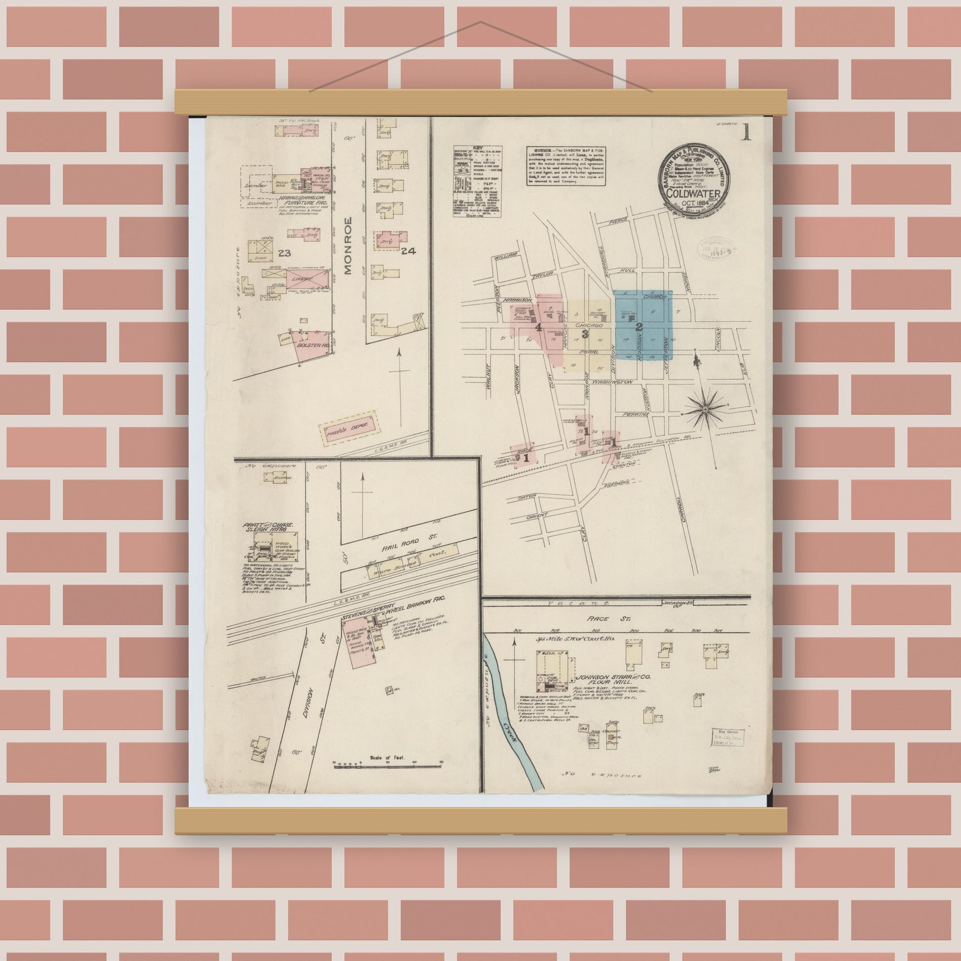 Old map wall art mockup — magnetic wood frame on brick wall — Sanborn Fire Insurance Map from Coldwater, Branch County, Michigan (1884) - Complete Map Set