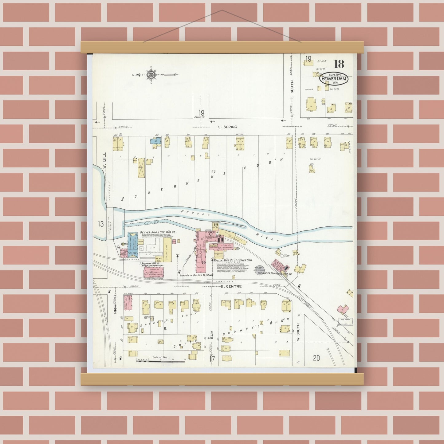 Old map wall art mockup — magnetic wood frame on brick wall — Sanborn Fire Insurance Map from Beaver Dam, Dodge County, Wisconsin (1914), Sheet #0018