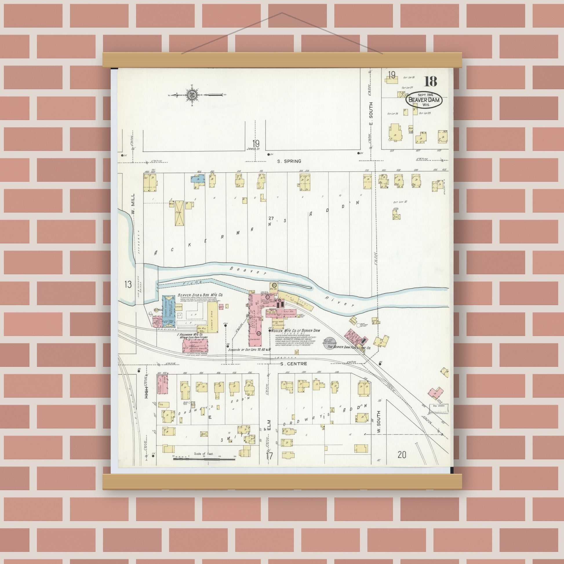 Old map wall art mockup — magnetic wood frame on brick wall — Sanborn Fire Insurance Map from Beaver Dam, Dodge County, Wisconsin (1914), Sheet #0018