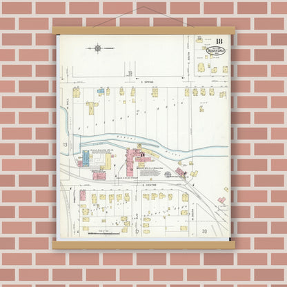 Old map wall art mockup — magnetic wood frame on brick wall — Sanborn Fire Insurance Map from Beaver Dam, Dodge County, Wisconsin (1914), Sheet #0018