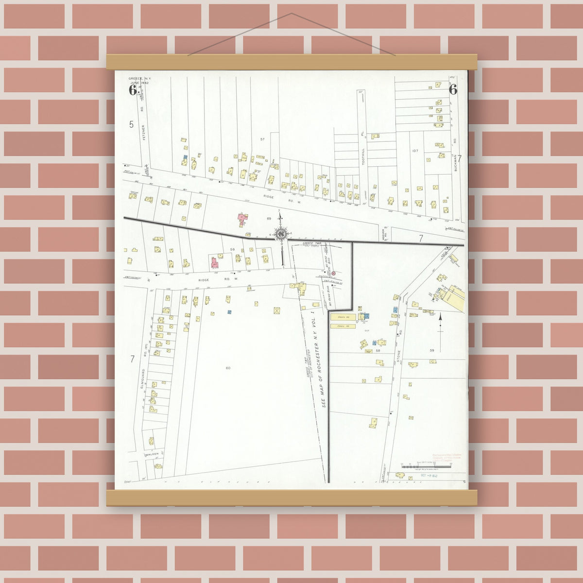 Old map wall art mockup — magnetic wood frame on brick wall — Sanborn Fire Insurance Map from Greece, Monroe County, New York (1942), Sheet #0006
