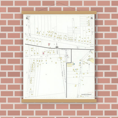 Old map wall art mockup — magnetic wood frame on brick wall — Sanborn Fire Insurance Map from Greece, Monroe County, New York (1942), Sheet #0006