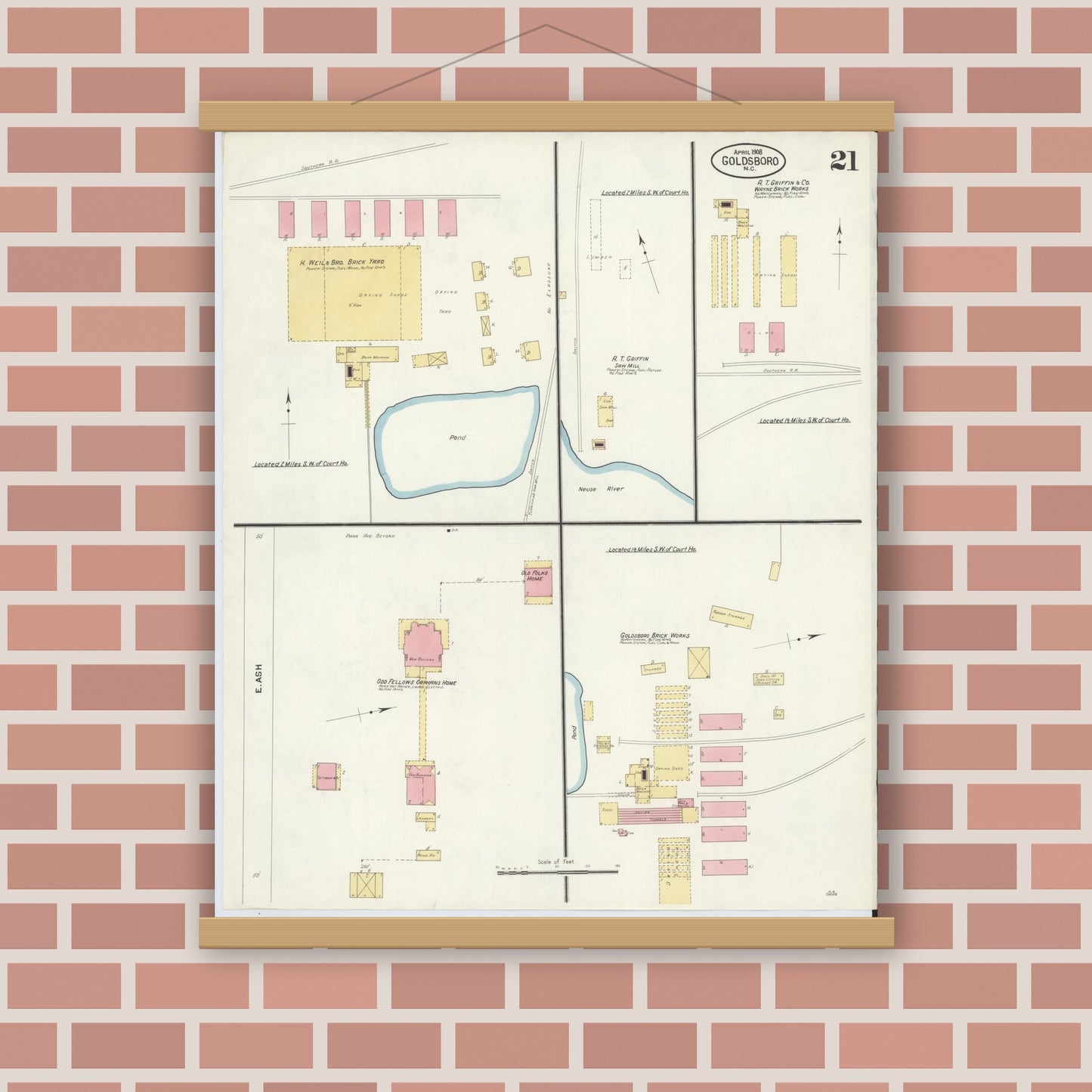 Old map wall art mockup — magnetic wood frame on brick wall — Sanborn Fire Insurance Map from Goldsboro, Wayne County, North Carolina (1908), Sheet #0021