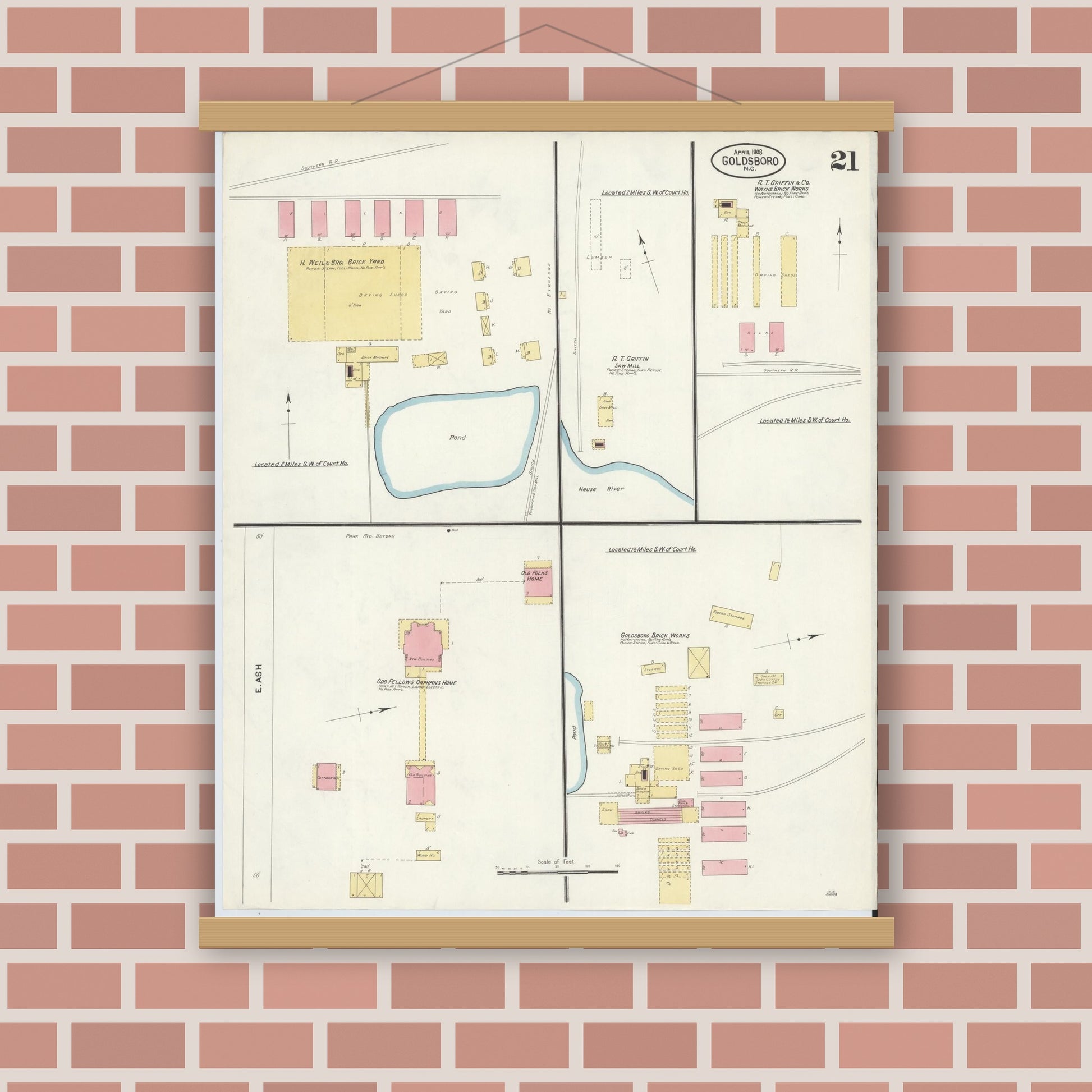 Old map wall art mockup — magnetic wood frame on brick wall — Sanborn Fire Insurance Map from Goldsboro, Wayne County, North Carolina (1908), Sheet #0021