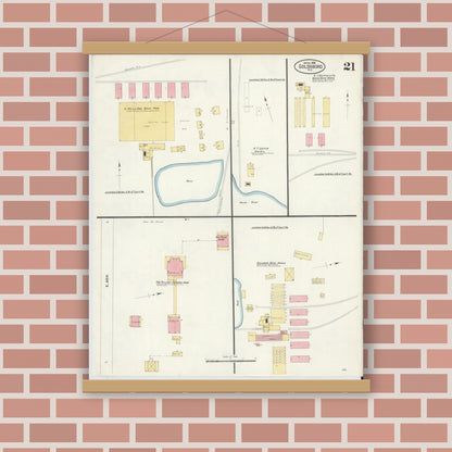 Old map wall art mockup — magnetic wood frame on brick wall — Sanborn Fire Insurance Map from Goldsboro, Wayne County, North Carolina (1908), Sheet #0021