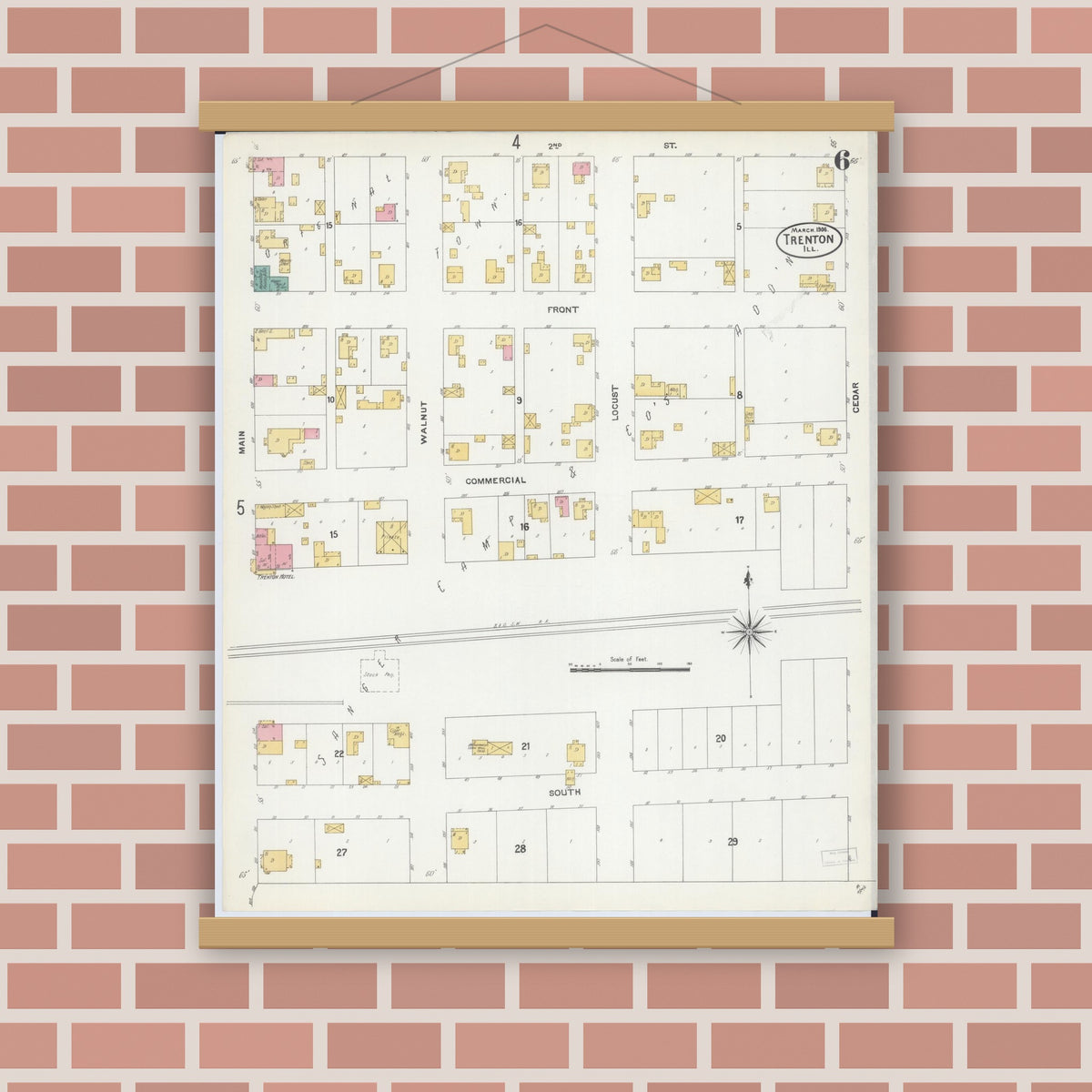 Old map wall art mockup — magnetic wood frame on brick wall — Sanborn Fire Insurance Map from Trenton, Clinton County, Illinois (1906), Sheet #0006