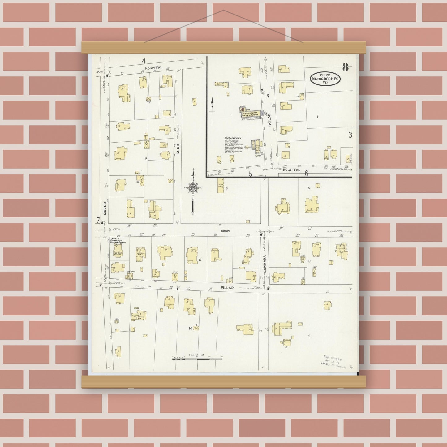 Old map wall art mockup — magnetic wood frame on brick wall — Sanborn Fire Insurance Map from Nacogdoches, Nacogdoches County, Texas (1912), Sheet #0008