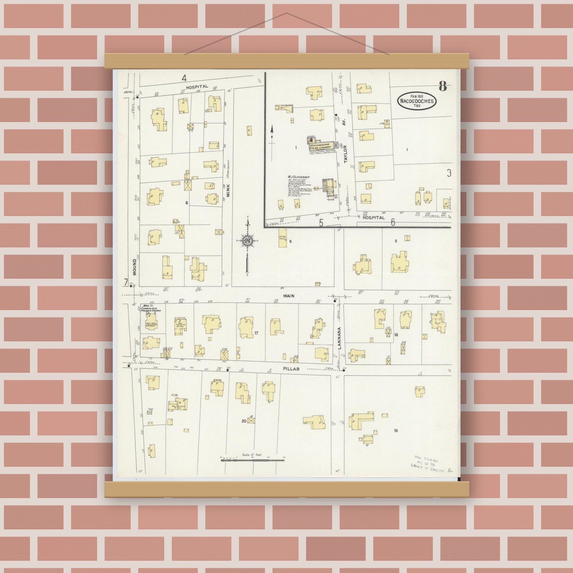 Old map wall art mockup — magnetic wood frame on brick wall — Sanborn Fire Insurance Map from Nacogdoches, Nacogdoches County, Texas (1912), Sheet #0008