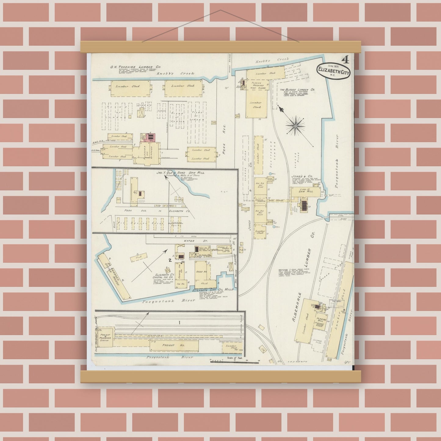 Old map wall art mockup — magnetic wood frame on brick wall — Sanborn Fire Insurance Map from Elizabeth City, Pasquotank County, North Carolina (1891), Sheet #0004