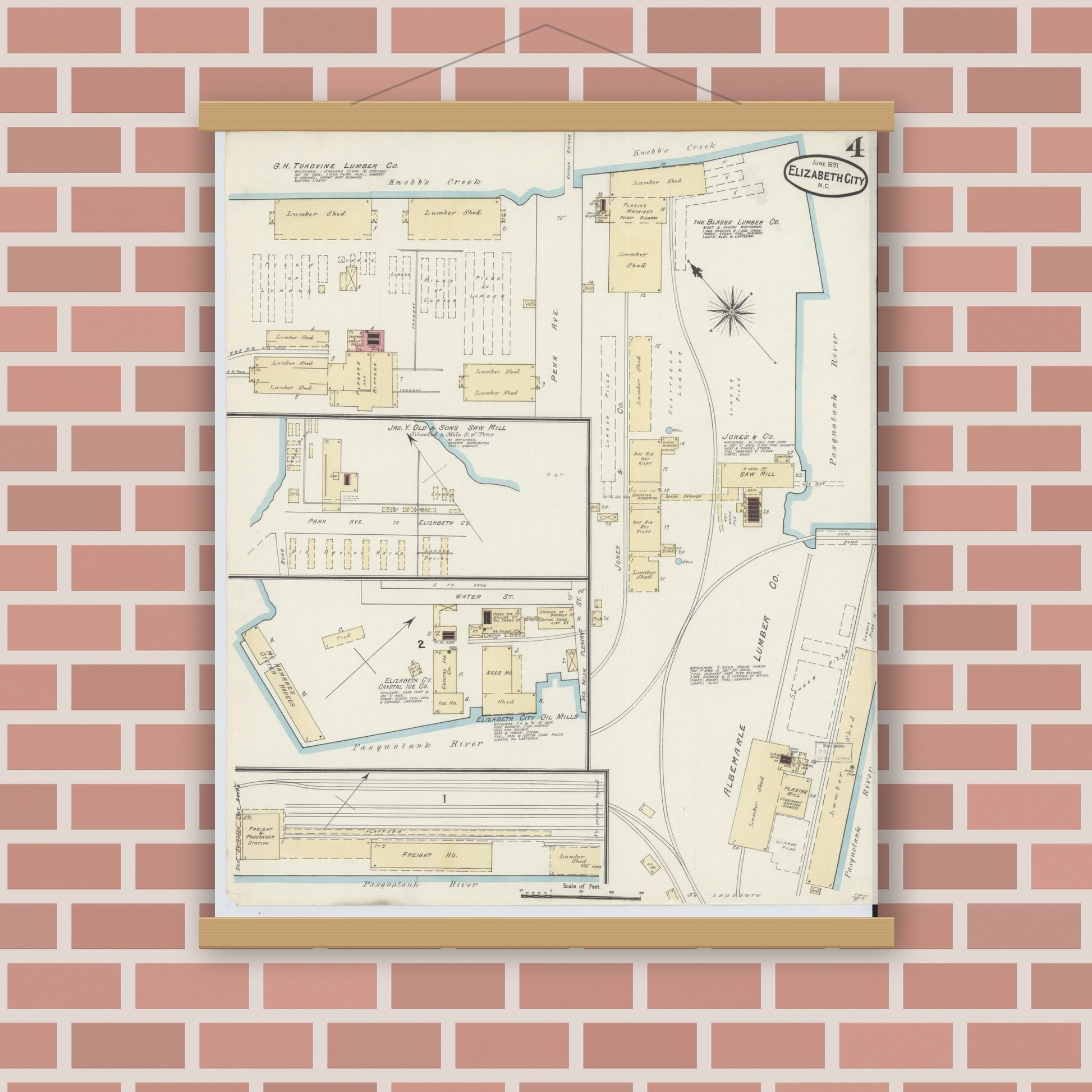 Old map wall art mockup — magnetic wood frame on brick wall — Sanborn Fire Insurance Map from Elizabeth City, Pasquotank County, North Carolina (1891), Sheet #0004