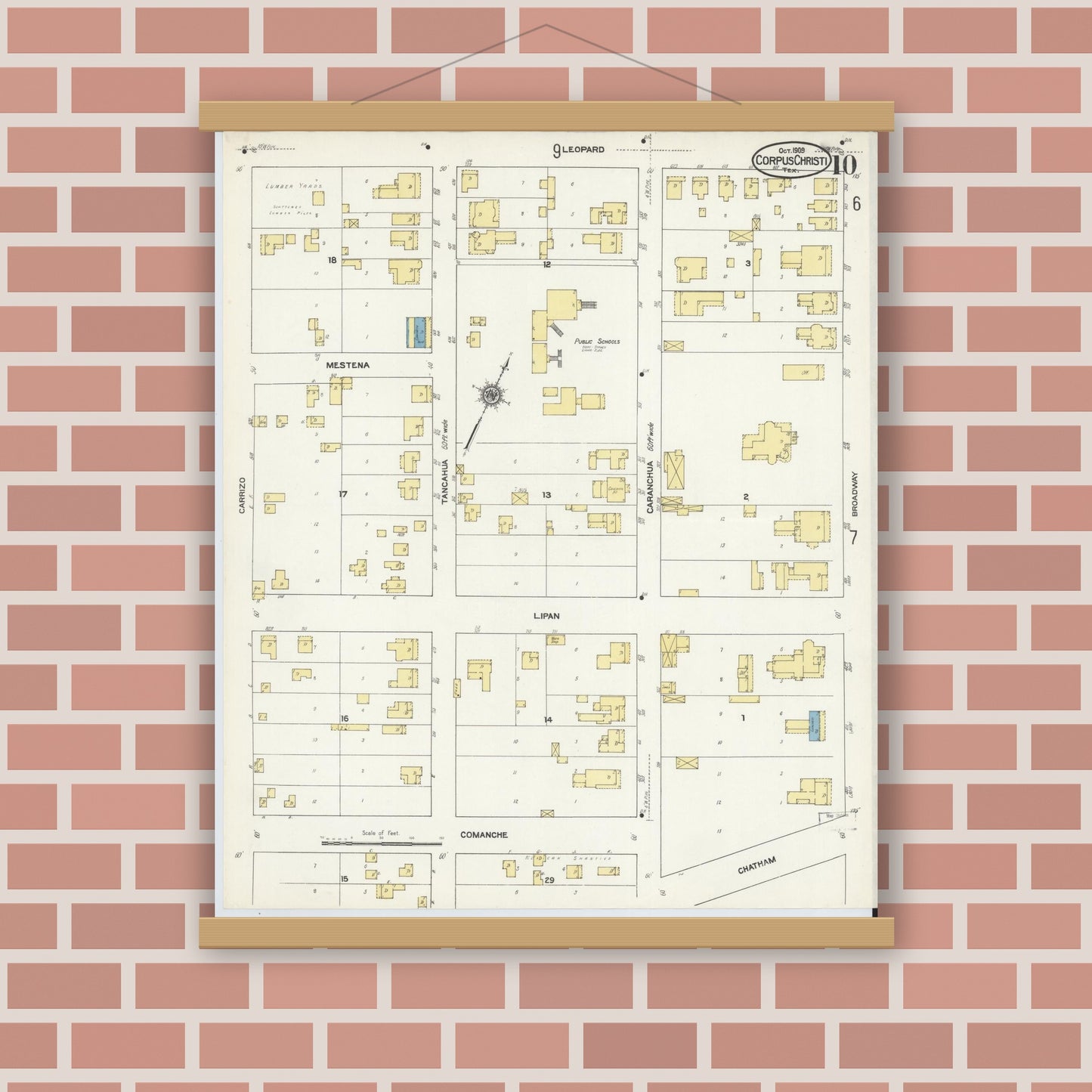 Old map wall art mockup — magnetic wood frame on brick wall — Sanborn Fire Insurance Map from Corpus Christi, Nueces County, Texas (1909), Sheet #0010