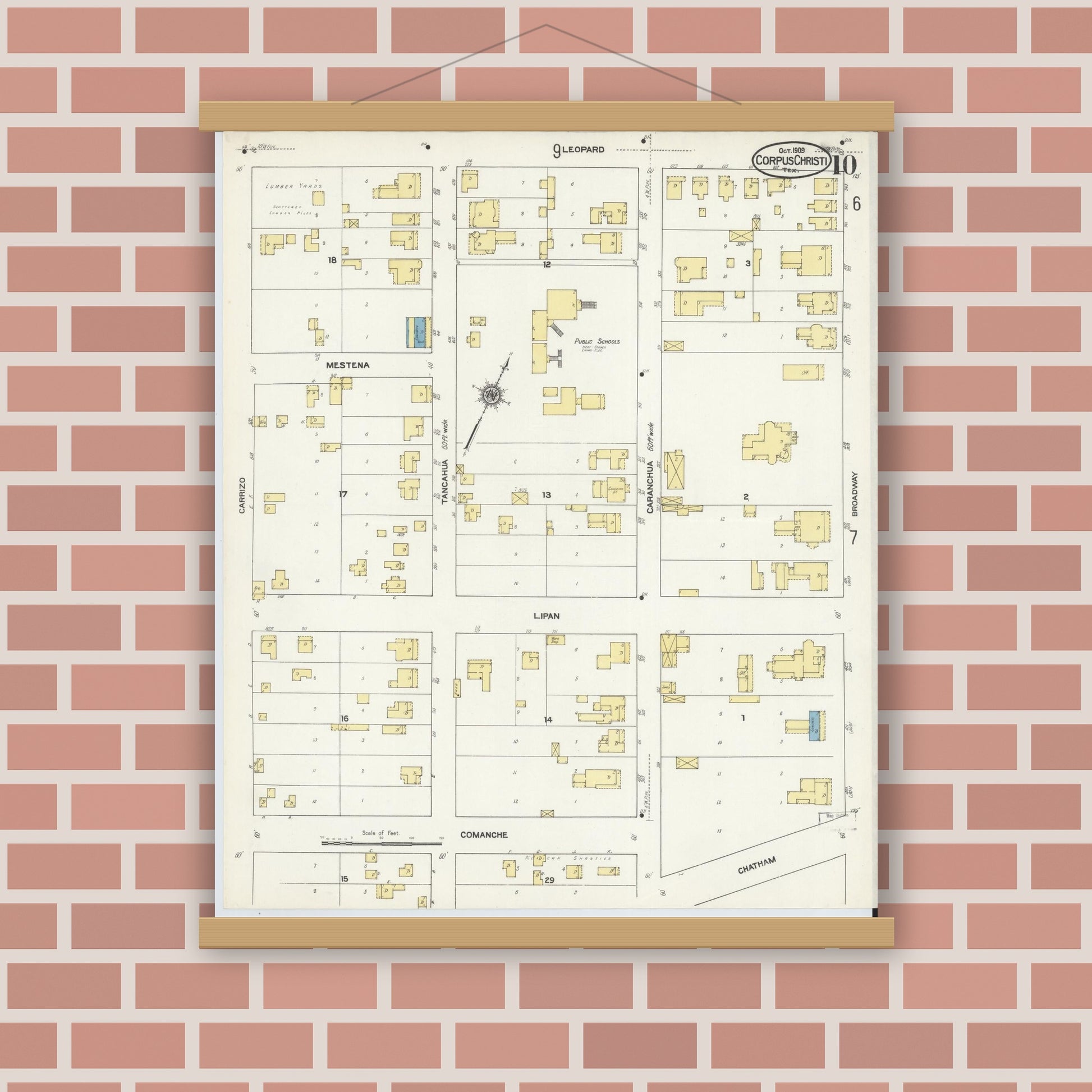 Old map wall art mockup — magnetic wood frame on brick wall — Sanborn Fire Insurance Map from Corpus Christi, Nueces County, Texas (1909), Sheet #0010