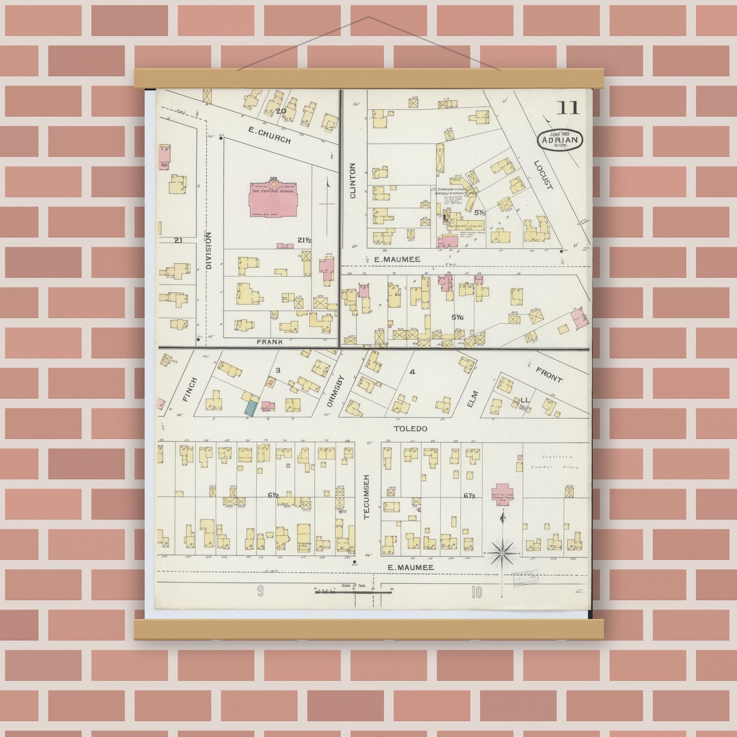 Old map wall art mockup — magnetic wood frame on brick wall — Sanborn Fire Insurance Map from Adrian, Lenawee County, Michigan (1893), Sheet #0011