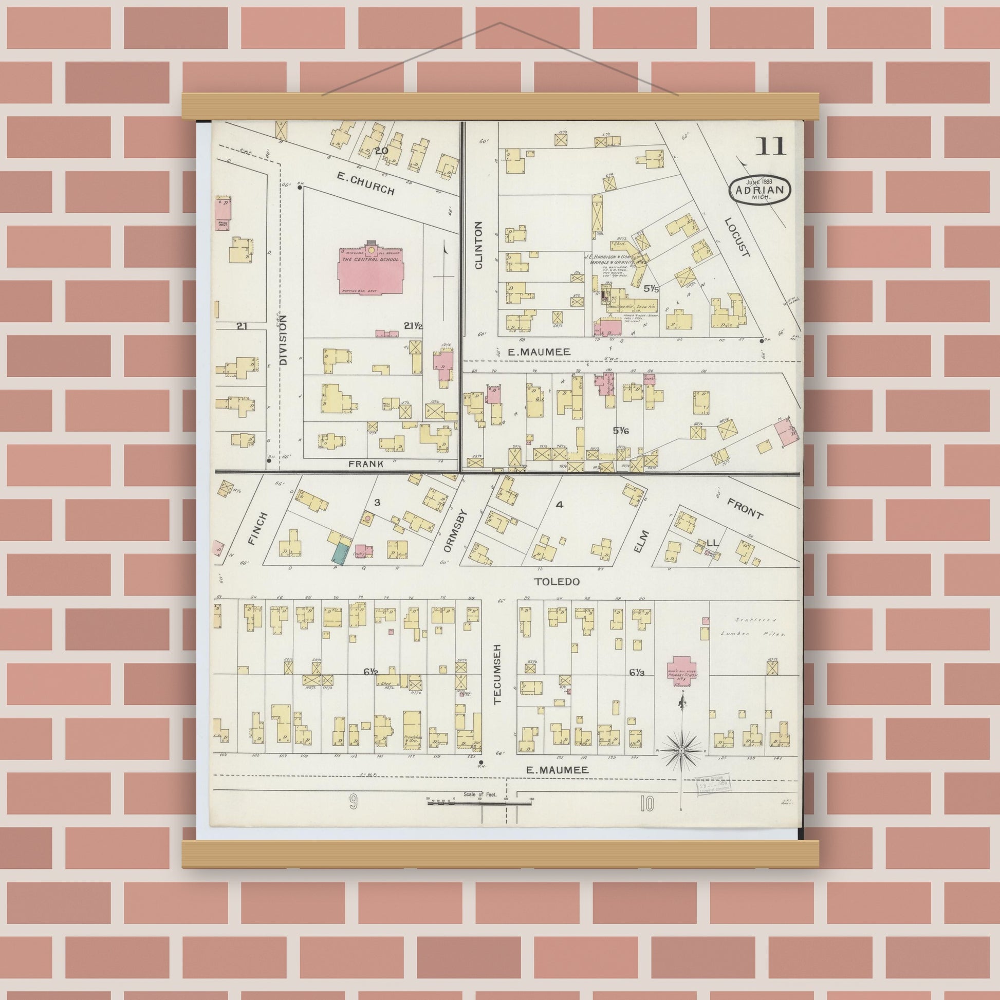 Old map wall art mockup — magnetic wood frame on brick wall — Sanborn Fire Insurance Map from Adrian, Lenawee County, Michigan (1893), Sheet #0011