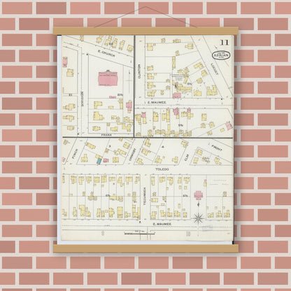 Old map wall art mockup — magnetic wood frame on brick wall — Sanborn Fire Insurance Map from Adrian, Lenawee County, Michigan (1893), Sheet #0011