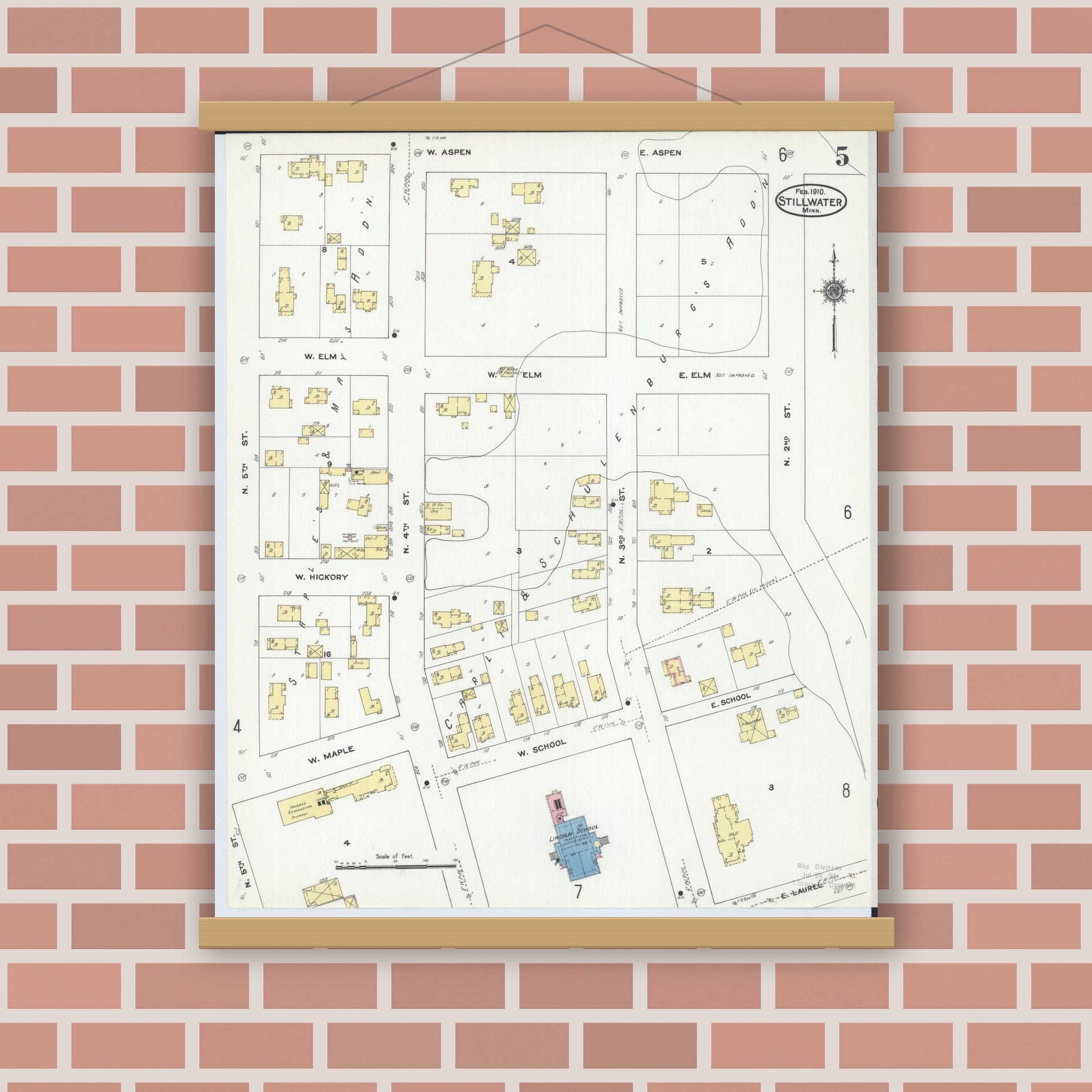 Old map wall art mockup — magnetic wood frame on brick wall — Sanborn Fire Insurance Map from Stillwater, Washington County, Minnesota (1910), Sheet #0005