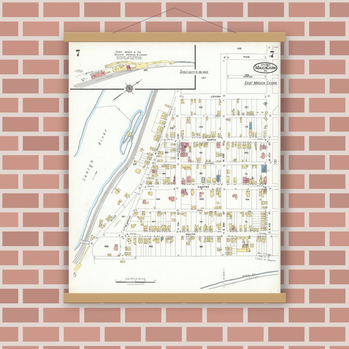 Old map wall art mockup — magnetic wood frame on brick wall — Sanborn Fire Insurance Map from Mauch Chunk, Carbon County, Pennsylvania (1923), Sheet #0007
