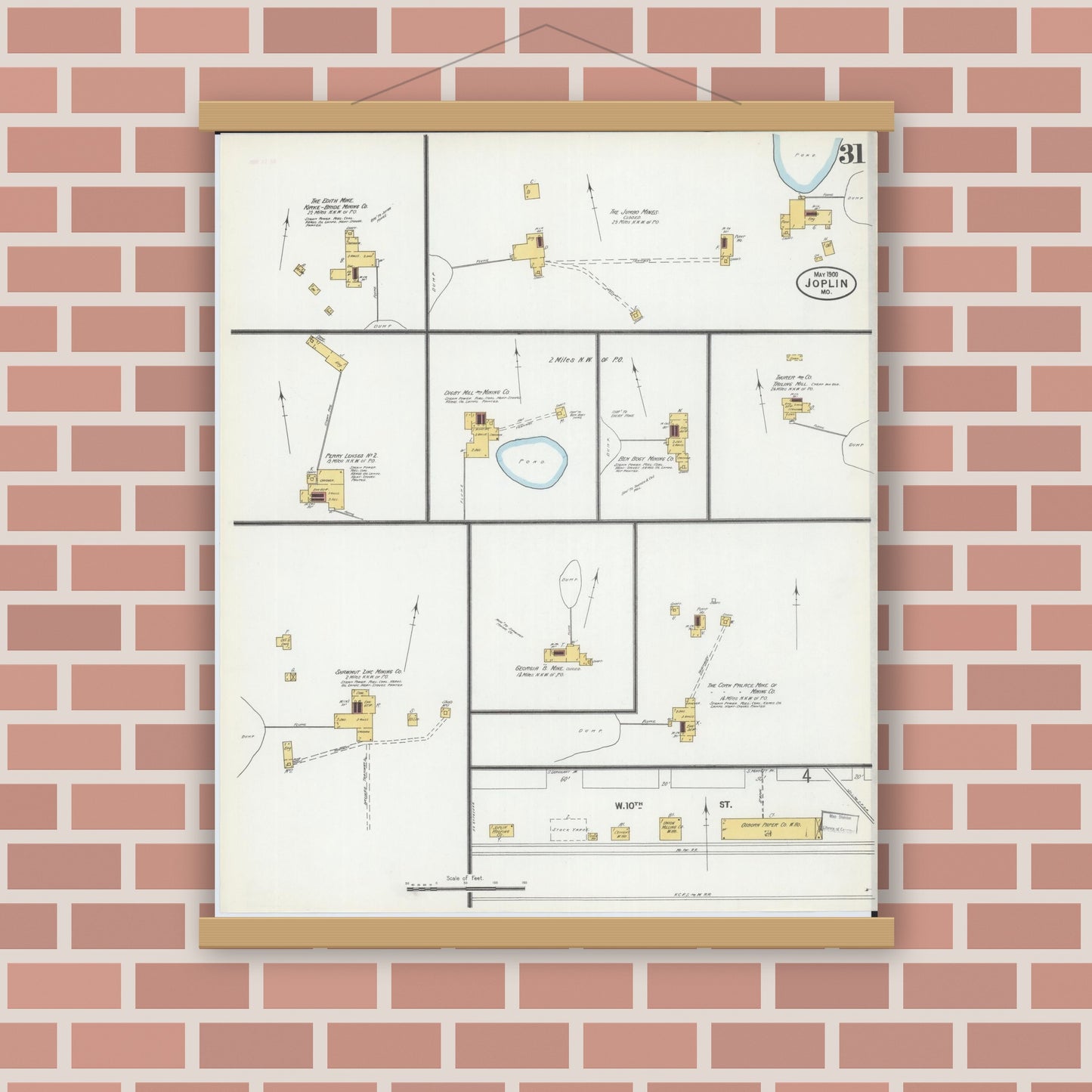 Old map wall art mockup — magnetic wood frame on brick wall — Sanborn Fire Insurance Map from Joplin, Jasper County, Missouri (1900), Sheet #0031