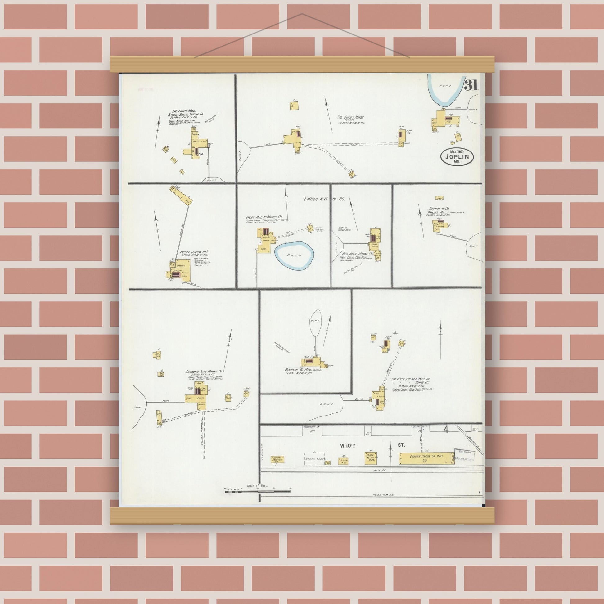 Old map wall art mockup — magnetic wood frame on brick wall — Sanborn Fire Insurance Map from Joplin, Jasper County, Missouri (1900), Sheet #0031