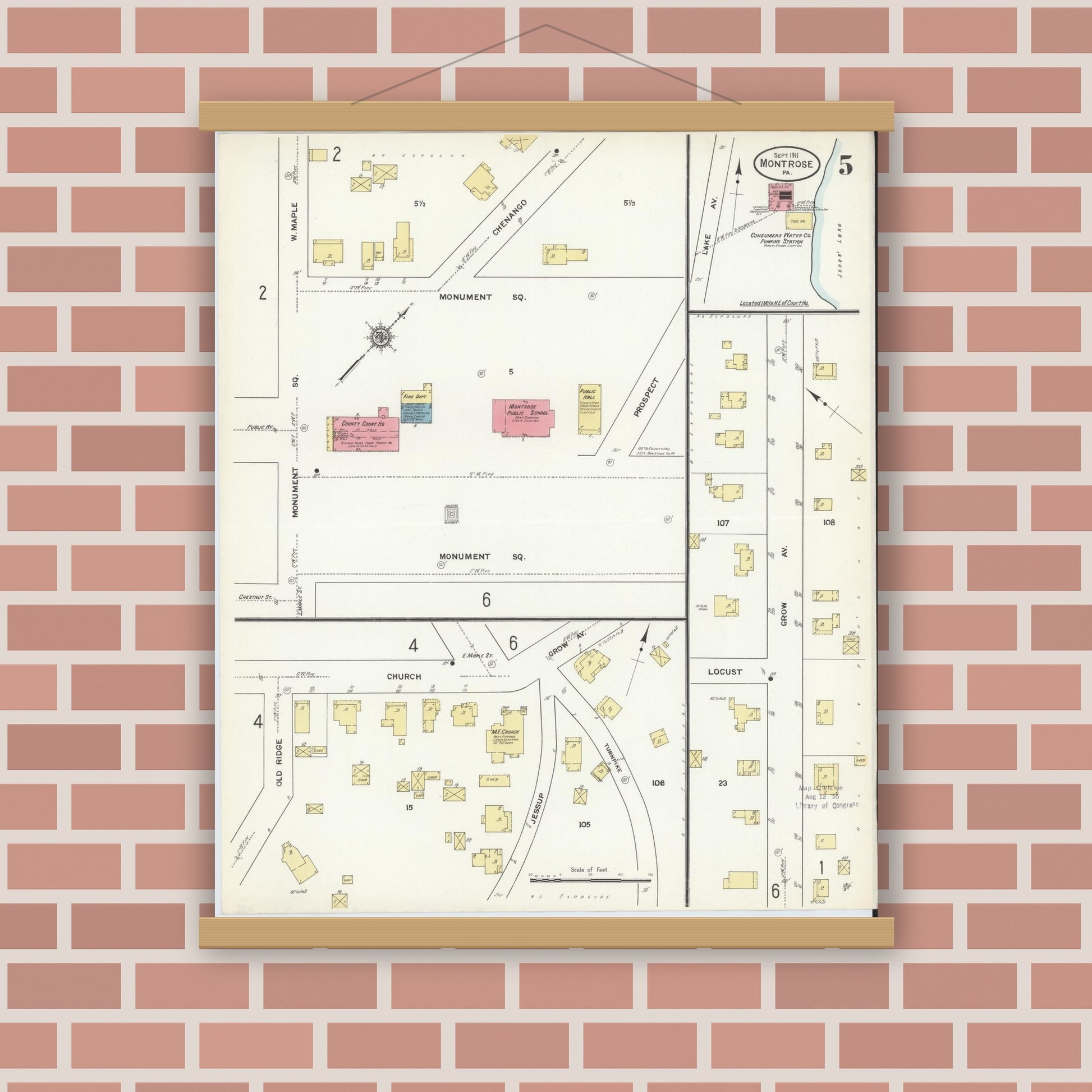 Old map wall art mockup — magnetic wood frame on brick wall — Sanborn Fire Insurance Map from Montrose, Susquehanna County, Pennsylvania (1911), Sheet #0005