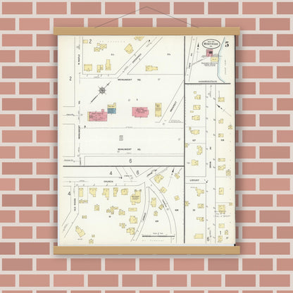 Old map wall art mockup — magnetic wood frame on brick wall — Sanborn Fire Insurance Map from Montrose, Susquehanna County, Pennsylvania (1911), Sheet #0005
