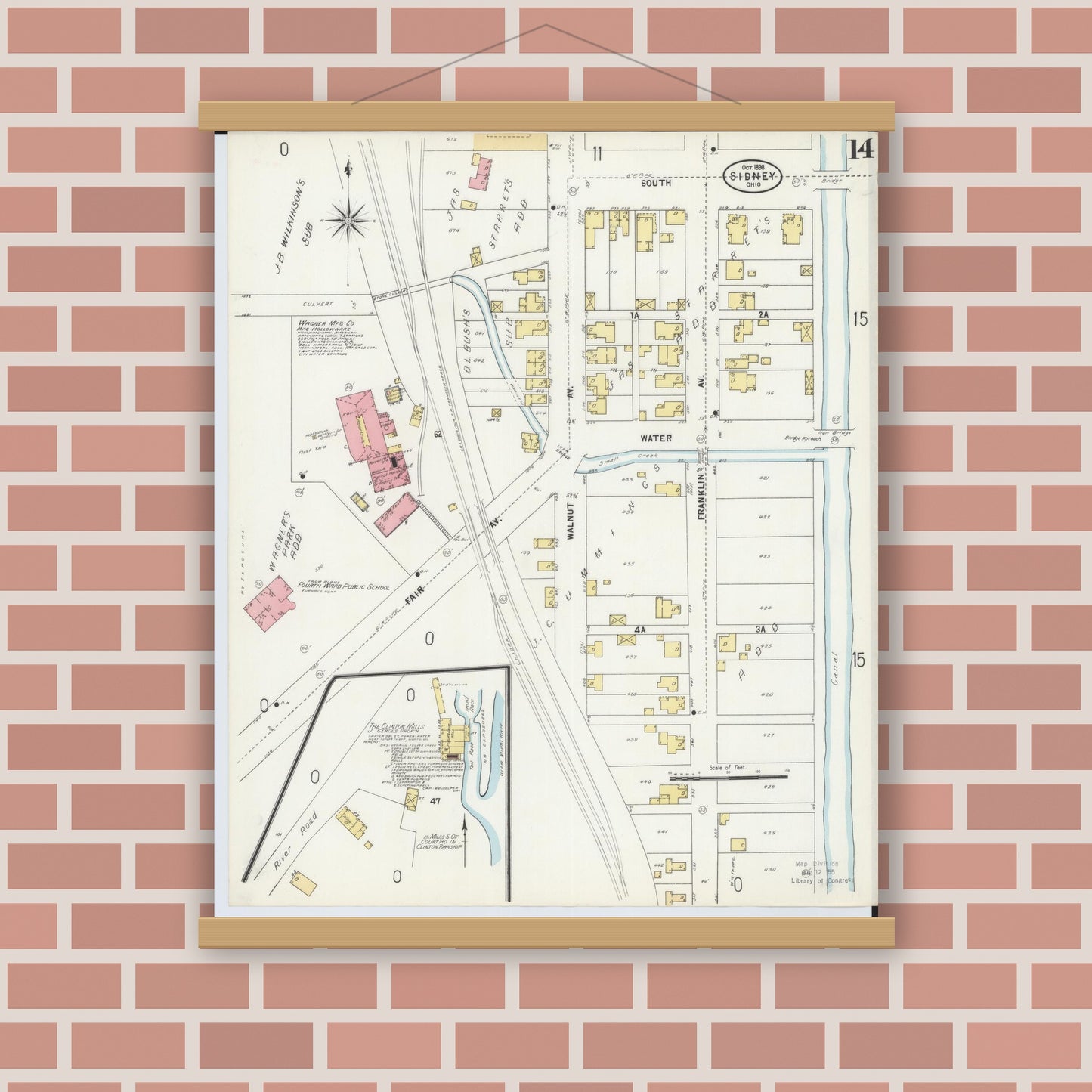 Old map wall art mockup — magnetic wood frame on brick wall — Sanborn Fire Insurance Map from Sidney, Shelby County, Ohio (1898), Sheet #0014