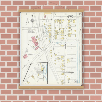 Old map wall art mockup — magnetic wood frame on brick wall — Sanborn Fire Insurance Map from Sidney, Shelby County, Ohio (1898), Sheet #0014
