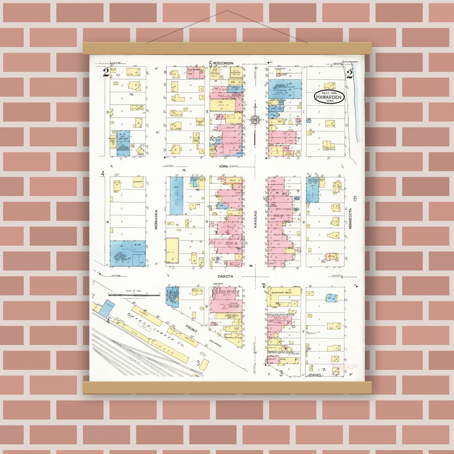 Old map wall art mockup — magnetic wood frame on brick wall — Sanborn Fire Insurance Map from Hawarden, Sioux County, Iowa (1924), Sheet #0002