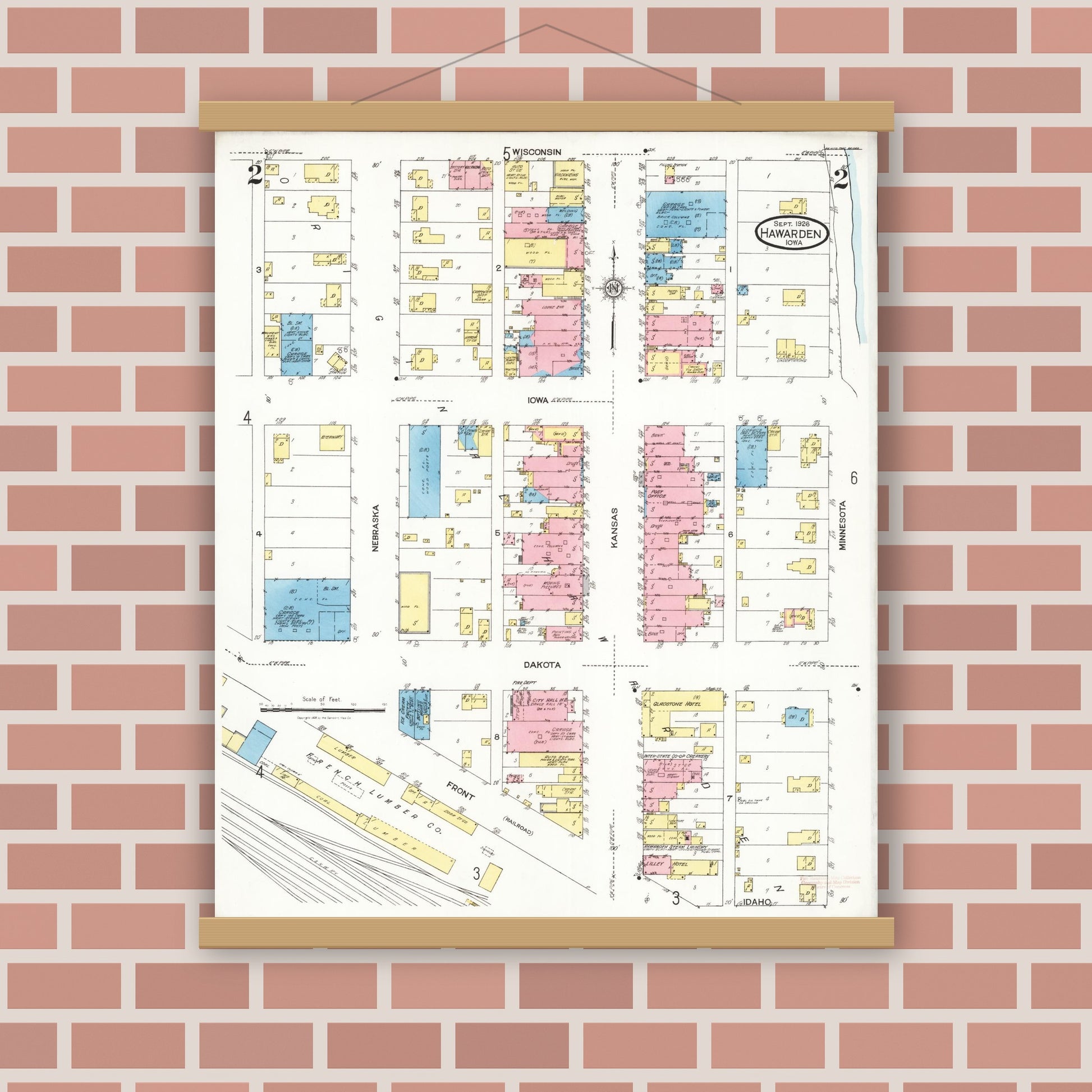 Old map wall art mockup — magnetic wood frame on brick wall — Sanborn Fire Insurance Map from Hawarden, Sioux County, Iowa (1924), Sheet #0002