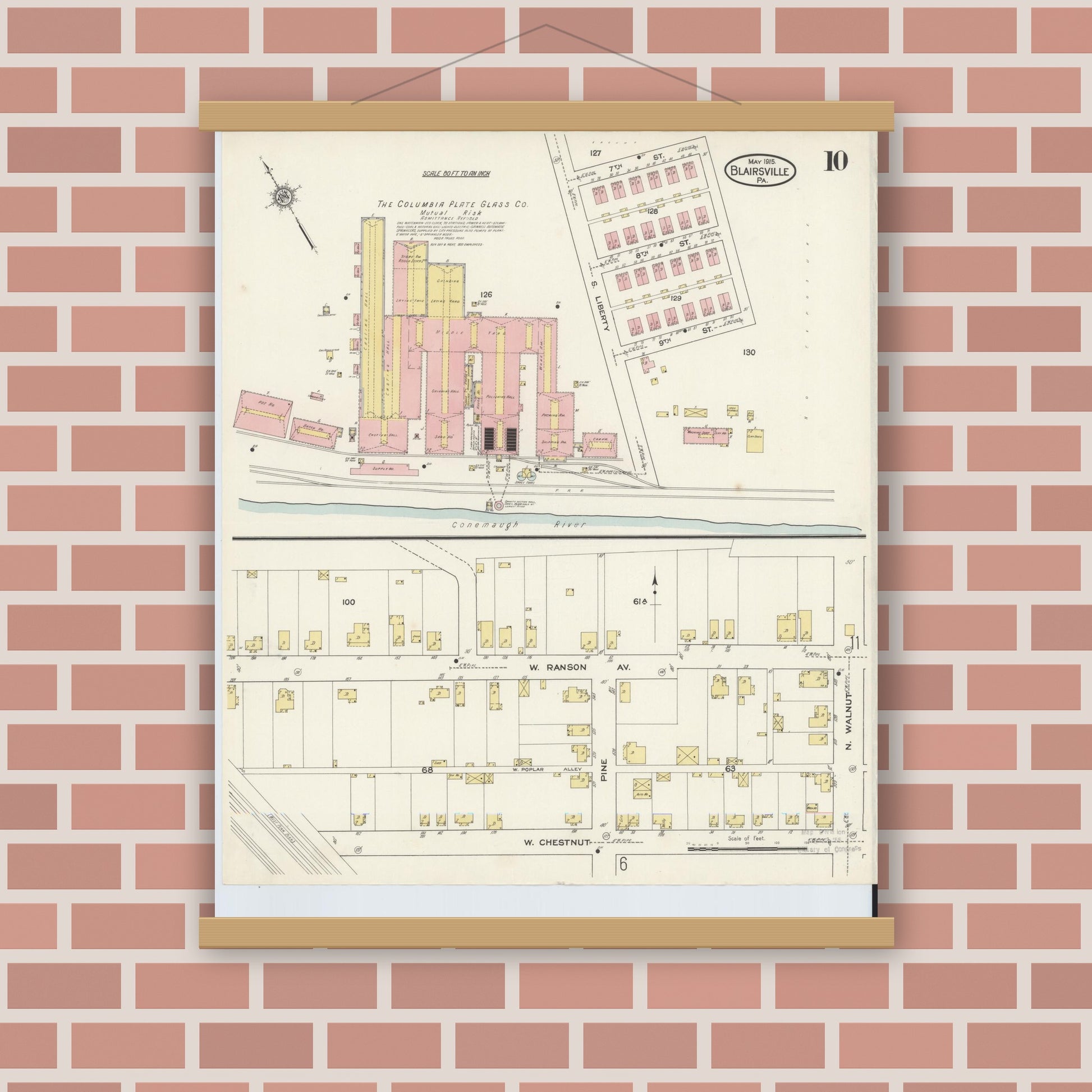 Old map wall art mockup — magnetic wood frame on brick wall — Sanborn Fire Insurance Map from Blairsville, Indiana County, Pennsylvania (1915), Sheet #0010
