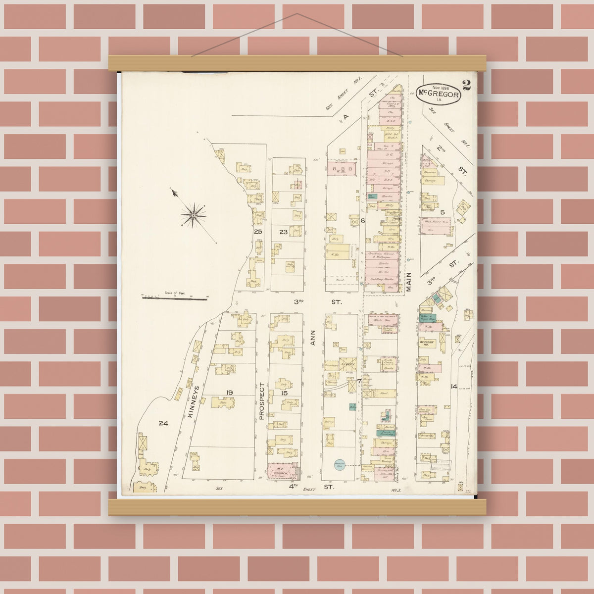 Old map wall art mockup — magnetic wood frame on brick wall — Sanborn Fire Insurance Map from McGregor, Clayton County, Iowa (1886), Sheet #0002