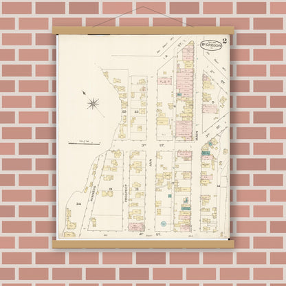 Old map wall art mockup — magnetic wood frame on brick wall — Sanborn Fire Insurance Map from McGregor, Clayton County, Iowa (1886), Sheet #0002