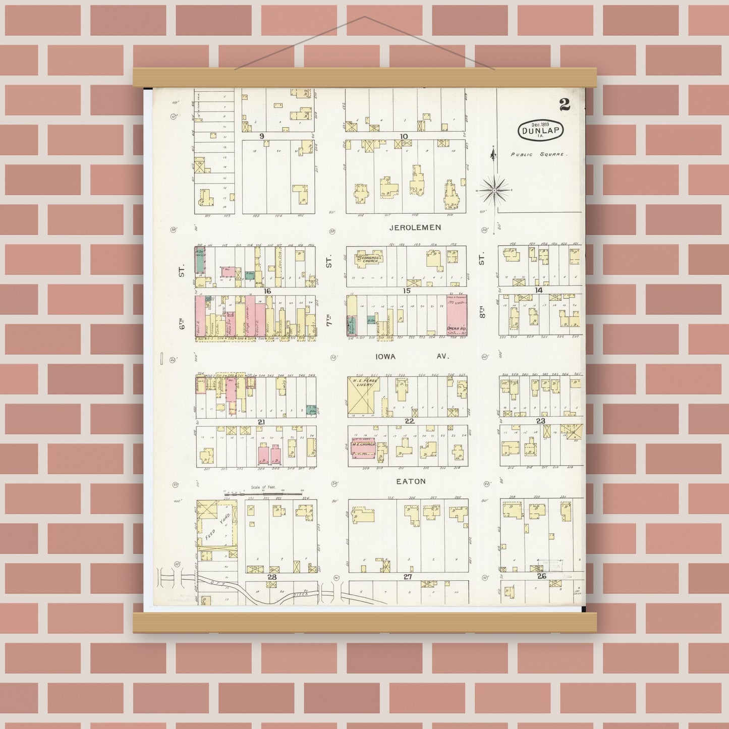 Old map wall art mockup — magnetic wood frame on brick wall — Sanborn Fire Insurance Map from Dunlap, Harrison County, Iowa (1893), Sheet #0002