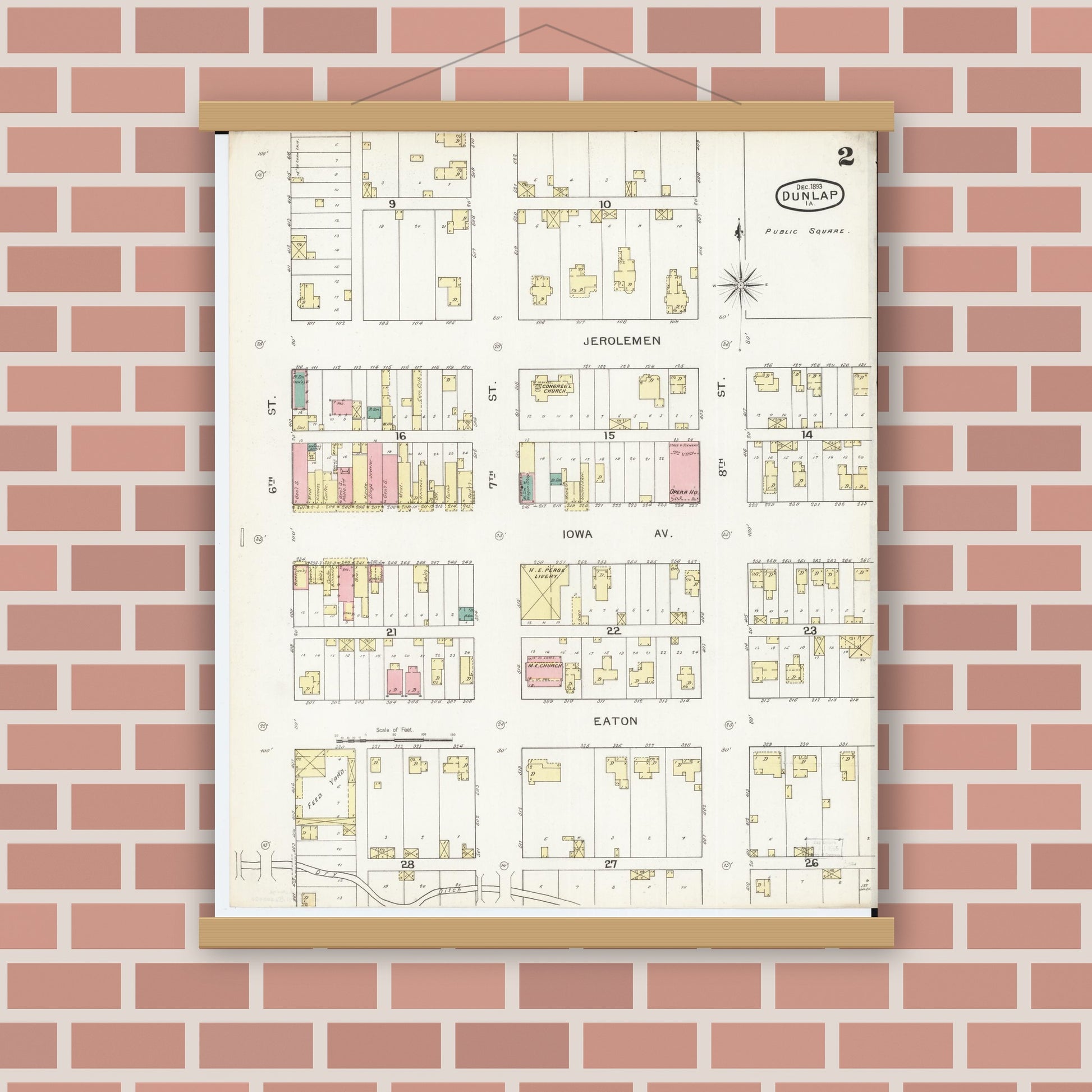 Old map wall art mockup — magnetic wood frame on brick wall — Sanborn Fire Insurance Map from Dunlap, Harrison County, Iowa (1893), Sheet #0002