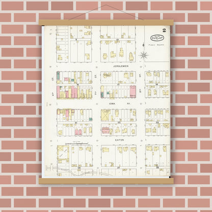 Old map wall art mockup — magnetic wood frame on brick wall — Sanborn Fire Insurance Map from Dunlap, Harrison County, Iowa (1893), Sheet #0002