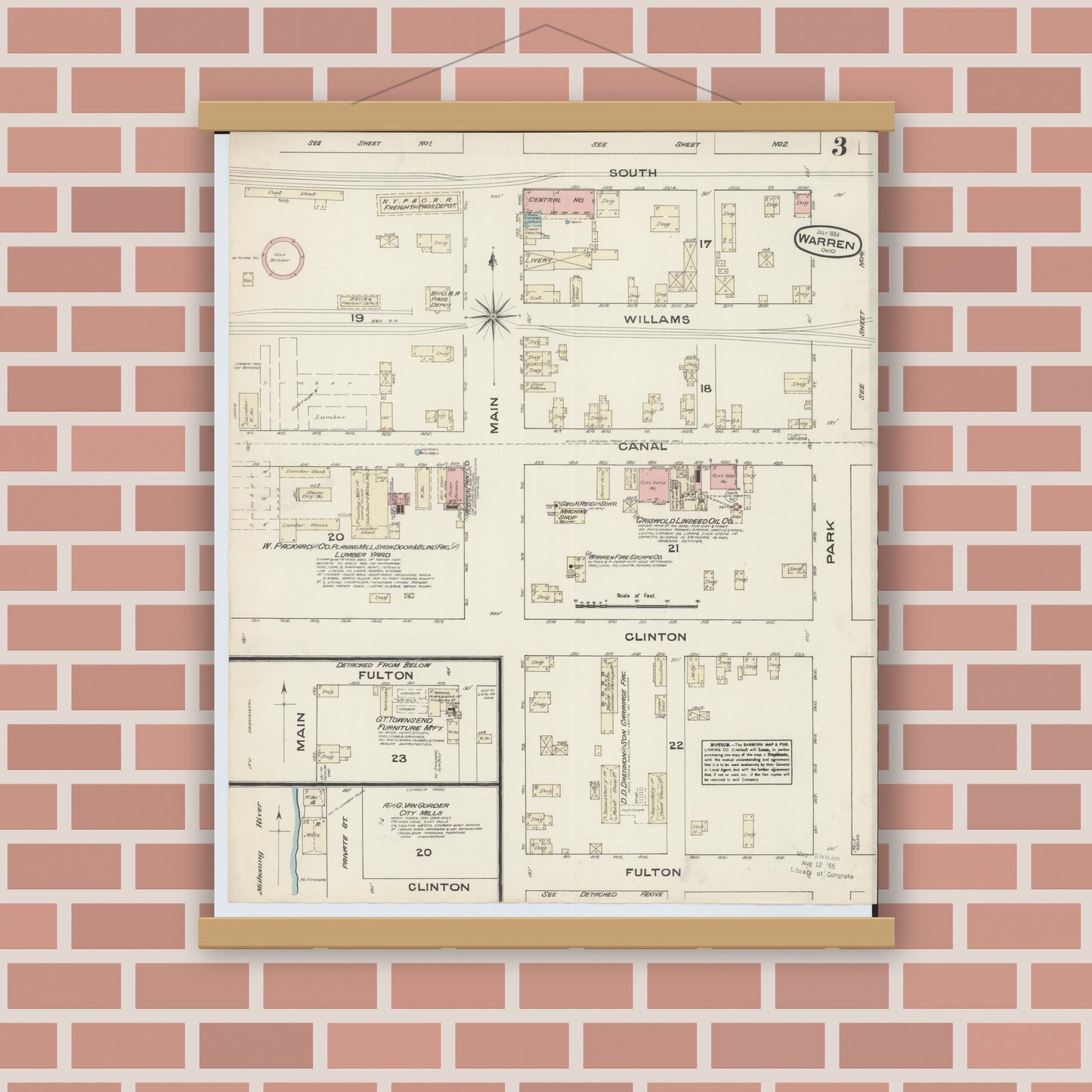 Old map wall art mockup — magnetic wood frame on brick wall — Sanborn Fire Insurance Map from Warren, Trumbull County, Ohio (1884), Sheet #0003