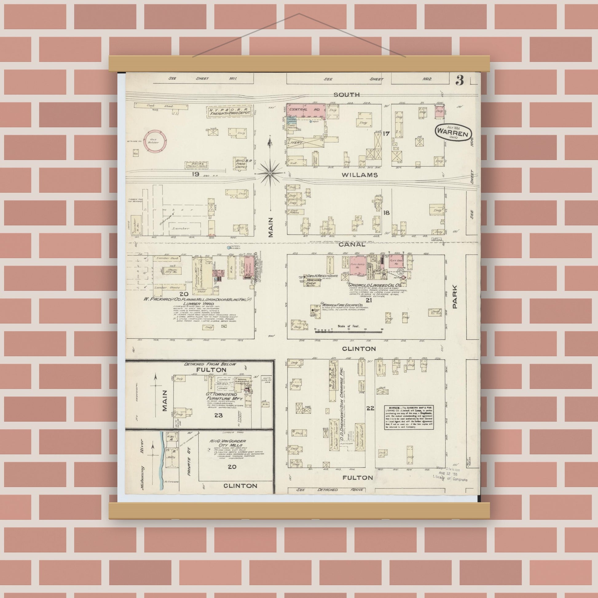 Old map wall art mockup — magnetic wood frame on brick wall — Sanborn Fire Insurance Map from Warren, Trumbull County, Ohio (1884), Sheet #0003