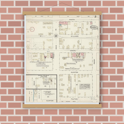 Old map wall art mockup — magnetic wood frame on brick wall — Sanborn Fire Insurance Map from Warren, Trumbull County, Ohio (1884), Sheet #0003