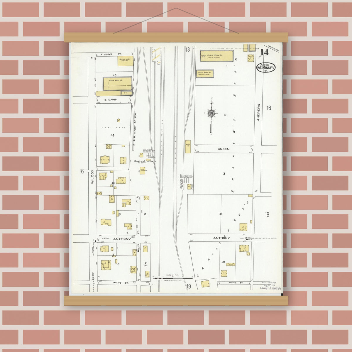 Old map wall art mockup — magnetic wood frame on brick wall — Sanborn Fire Insurance Map from McKinney, Collin County, Texas (1920), Sheet #0014