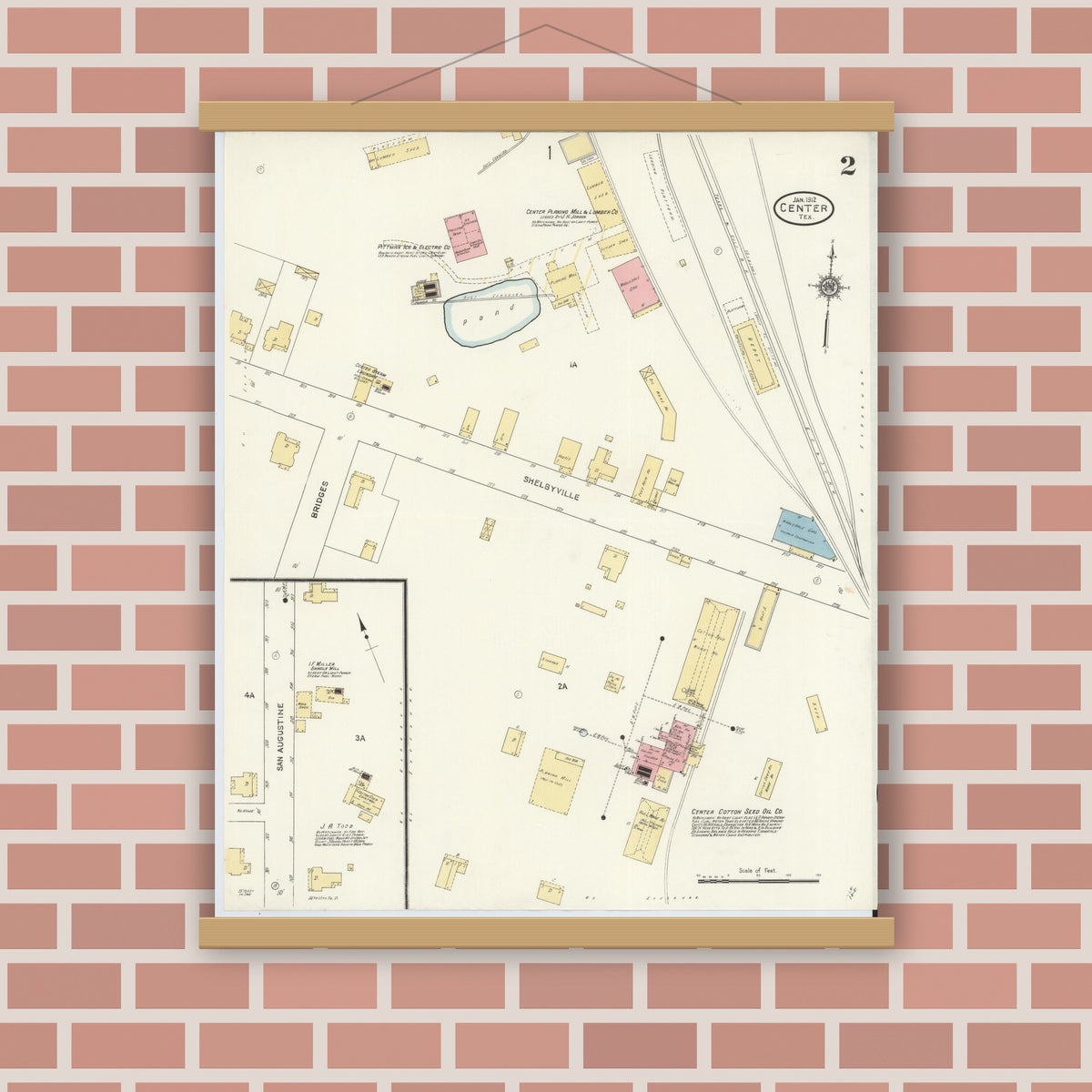 Old map wall art mockup — magnetic wood frame on brick wall — Sanborn Fire Insurance Map from Center, Shelby County, Texas (1912), Sheet #0002