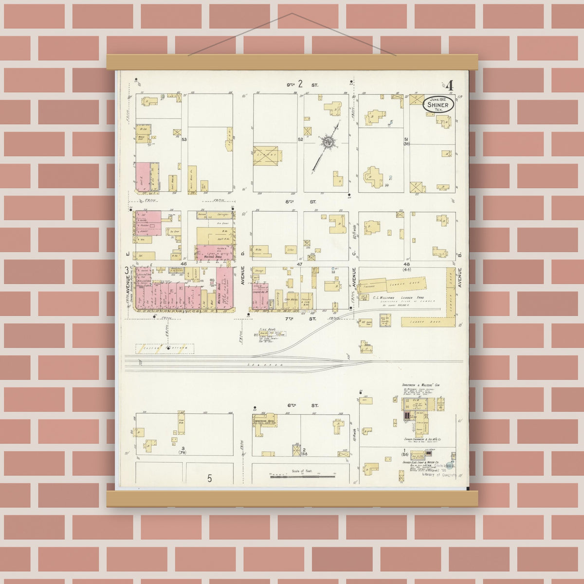Old map wall art mockup — magnetic wood frame on brick wall — Sanborn Fire Insurance Map from Shiner, Lavaca County, Texas (1912), Sheet #0004